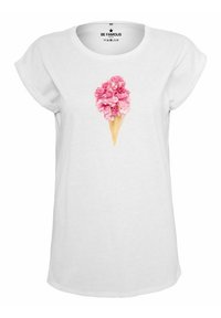White short-sleeve t-shirt featuring a graphic design of a pink flower bouquet in an ice cream cone at the center.