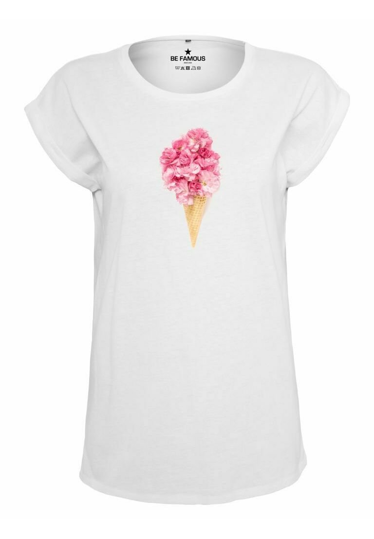 White short-sleeve t-shirt featuring a graphic design of a pink flower bouquet in an ice cream cone at the center.