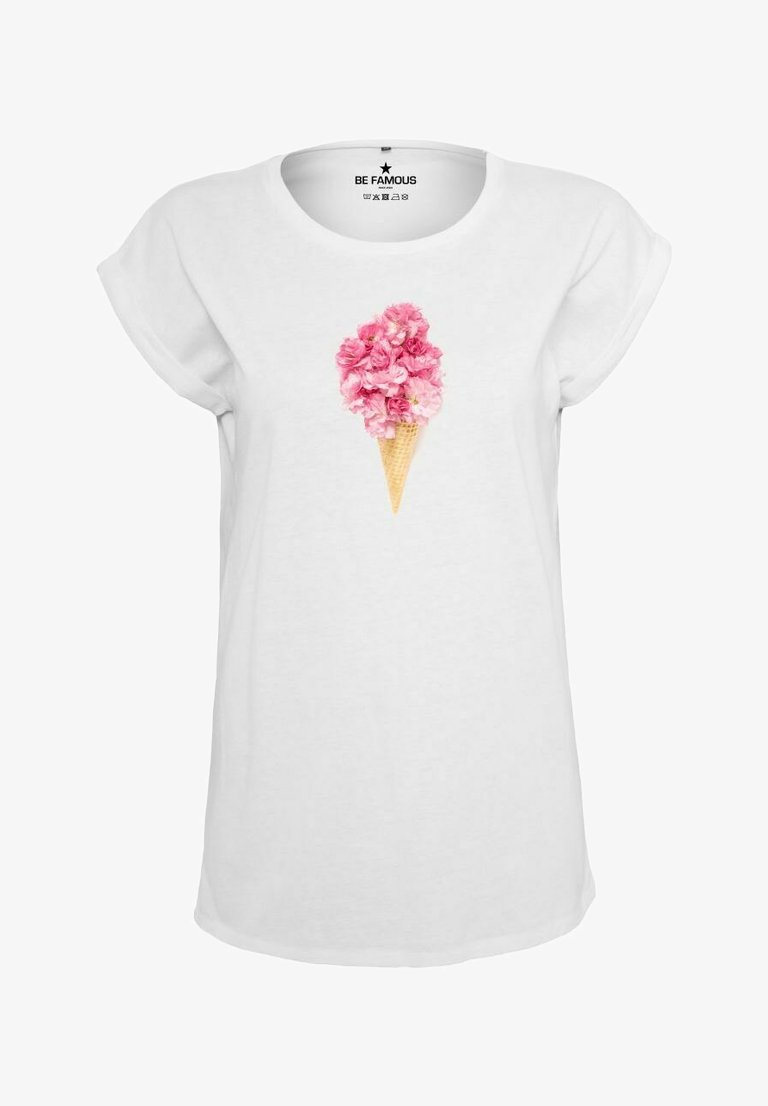 White short-sleeve t-shirt featuring a graphic design of a pink flower bouquet in an ice cream cone at the center.