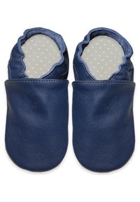Marineblaue Lederschlappen mit weichen, elastischen Kanten. Das Innere verfügt über ein hellgraues Futter mit kleinen weißen Punkten und einer glatten Oberfläche.