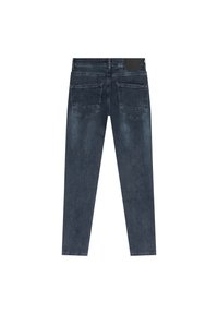 Mörkblå denimjeans med smal passform. Har två bakfickor, en svart midjerem och sydda detaljer längs sömmarna.