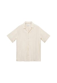 Leinenhemd mit kurzen Ärmeln in hellem Beige, mit Reverskragen, durchgehender Knopfleiste vorne und lockerer Passform, mit strukturierter Oberfläche.