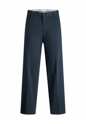 Marineblå bukser med lige ben, knaplukning, bæltestropper og forreste presning, vist på hvid baggrund.