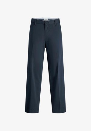 Merensinisen suorat housut, joissa on nappikiinnitys, vyölenkit ja etuosan taita, näytetty valkoisella taustalla.