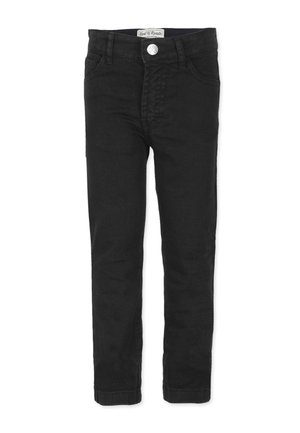 Mustat farkut, jotka on valmistettu denim-kankaasta. Slim fit -malli, jossa on etupainike ja vetoketju, viisi taskua ja näkyvä ompelu.