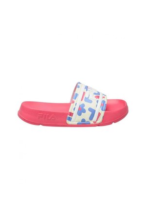 Sandalia tipo chancla rosa con tira blanca con formas abstractas azules y rosas, logo FILA en relieve en la suela.