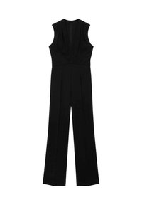Svart ärmlös jumpsuit med djup V-ringning, figurnära liv, vida ben och veck för extra textur. Dragkedja bak.