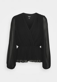 Blusa nera plissettata con scollo a V, maniche lunghe trasparenti e vita cintrata per una silhouette aderente. Realizzata in tessuto leggero e fluido.