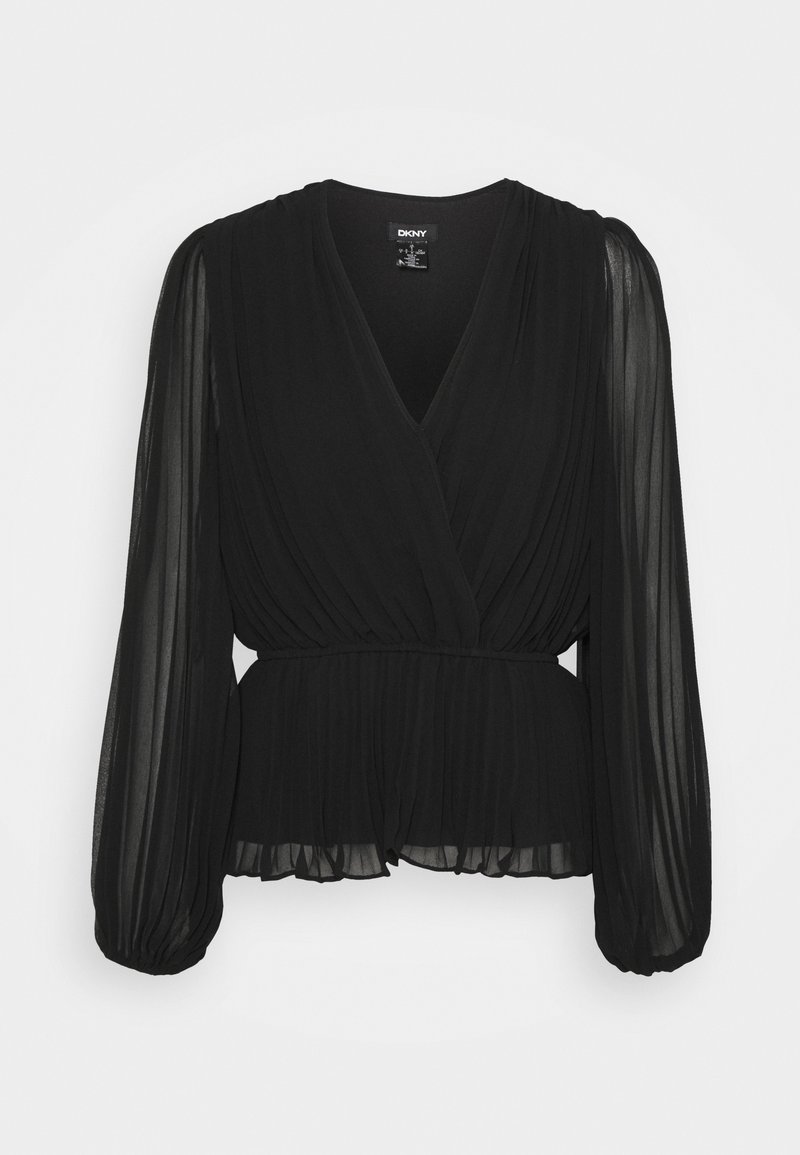 Blusa nera plissettata con scollo a V, maniche lunghe trasparenti e vita cintrata per una silhouette aderente. Realizzata in tessuto leggero e fluido.