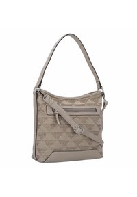 Beige perforierte Lederhandtasche mit einer Reißverschlusstasche vorne, verstellbarem Schultergurt und kontrastierenden Nähten an den Kanten.