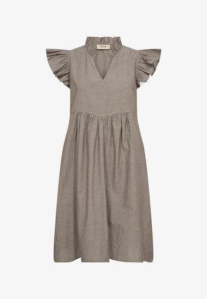 Taupe-värvi põlveni ulatuv kleit, millel on volangidega lühikesed varrukad, V-kaelus ja kogutud talje detail.