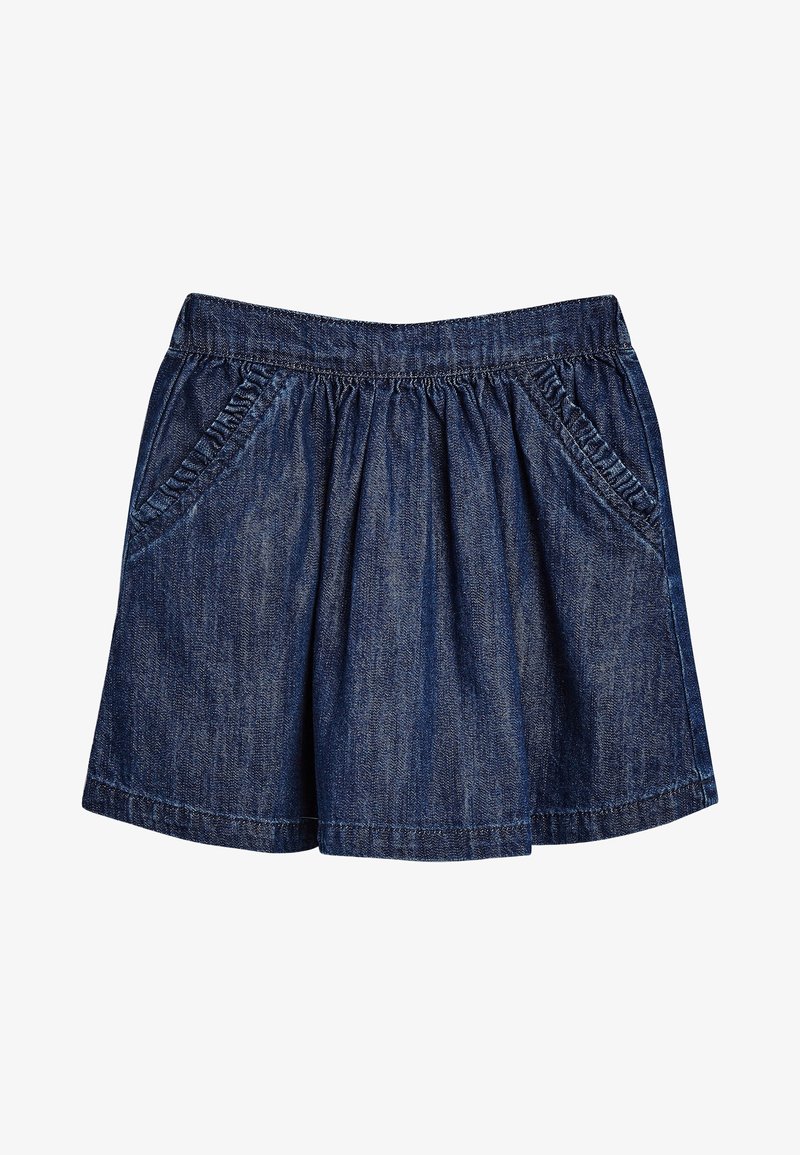 Jupe en jean bleu foncé avec taille élastique, tissu froncé et poches avant avec détails de couture.