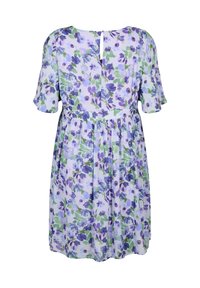 Blumenmuster Kleid mit V-Ausschnitt in hellem Lila, mit kurzen Ärmeln, einem gerafften Bund und einem rückseitigen Schlüssellochdetail, aus leichtem, glattem Stoff gefertigt.