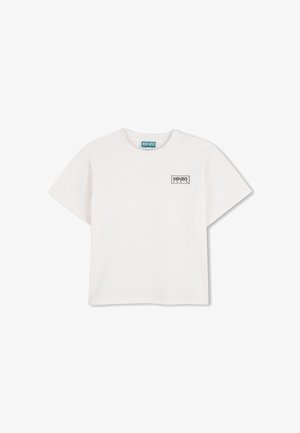 T-shirt blanc à manches courtes Kenzo Paris avec petit logo rectangulaire sur la partie supérieure gauche de la poitrine, col rond.