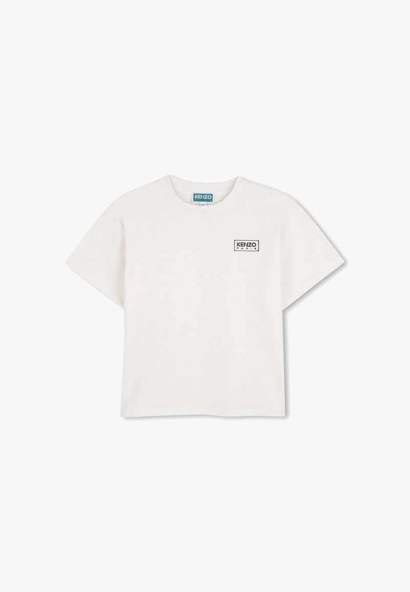 Wit Kenzo Paris T-shirt met korte mouwen, klein rechthoekig logo op de linker bovenborst, ronde halslijn.