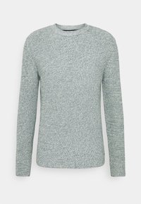 Pull en tricot bleu clair texturé avec des manches longues, col rond et motif en tricot, présentant une finition en tissu doux et confortable.