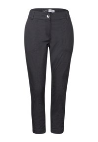 Pantaloni neri, a vita corta, con una texture liscia, dotati di chiusura con bottone, vita standard e tasche laterali con dettagli di cucitura delicati.