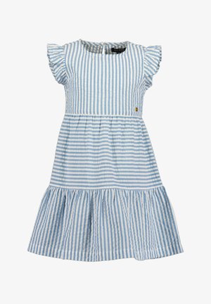 Vestito azzurro chiaro con righe verticali bianche, maniche corte arricciate e gonna a balze. Presenta uno scollo rotondo e un piccolo dettaglio con logo.