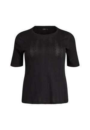 Black short-sleeve knit top with subtle vertical textured patterns and a round neckline, designed for a relaxed fit.