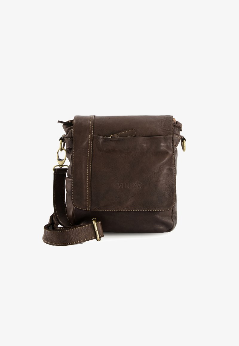 Brun læder messenger taske med flaplukning, frontlomme, justerbar rem og kontrasterende syninger. Holdbart materiale og elegant design.