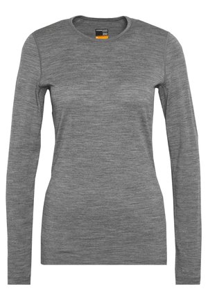 Long-sleeve shirt in heather gray, made of soft fabric. Features a round neck with simple stitching and a fitted silhouette.