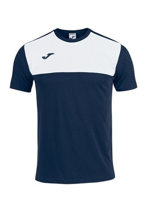 T-shirt sportiva a maniche corte in blu navy con pannello bianco sulla parte superiore del petto e un piccolo logo sul lato sinistro.