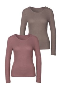 Langärmlige, gerippte Oberteile in Mauve und Taupe. Mit einem Rundhalsausschnitt und figurbetonter Silhouette. Das Material hat eine strukturierte Optik.