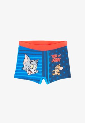 Maillot de bain bleu avec une ceinture orange, présentant les personnages de dessin animé Tom et Jerry, ainsi que des motifs d'étoiles et de rayures. Confectionné en matière extensible.