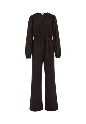 Tuta nera con scollo incrociato, maniche lunghe in pizzo, vita aderente e pantaloni a gamba larga. Dotata di cintura da annodare in vita.