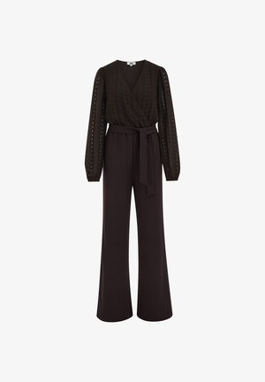 Tuta nera con scollo incrociato, maniche lunghe in pizzo, vita aderente e pantaloni a gamba larga. Dotata di cintura da annodare in vita.