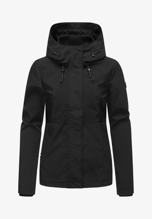 Zwarte waterdichte jas met een gestructureerde afwerking, verstelbare capuchon, met rits afgesloten zijzakken en een voorzijde met drukknopen.