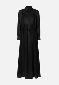 Abito lungo nero con apertura frontale a bottoni, colletto e vita elastica. Realizzato in tessuto trasparente con maniche lunghe e una silhouette fluida.