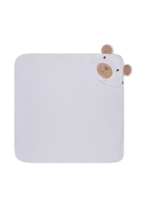 Soft white baby towel with rounded corners, featuring a hood with a brown bear face and ears on one corner.