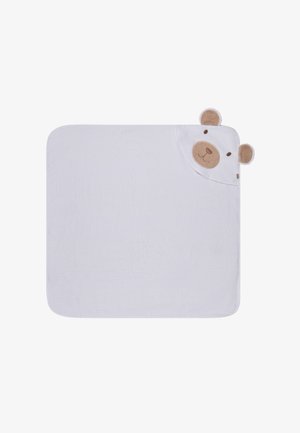 Soft white baby towel with rounded corners, featuring a hood with a brown bear face and ears on one corner.