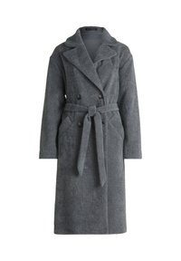 Manteau en laine grise avec un design croisé, de larges revers, une ceinture assortie et des poches latérales. Texture douce, coupe longueur genoux.