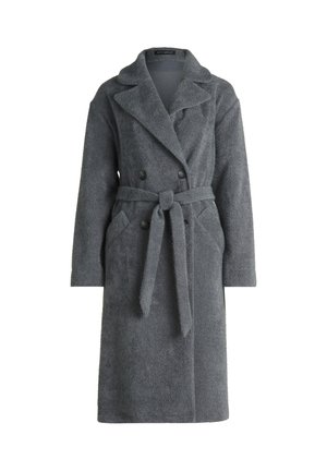 Grauer Wollmantel mit doppelreihigem Design, breiten Revers, passendem Gürtel und Seitentaschen. Weiche Textur, knieumspielender Schnitt.