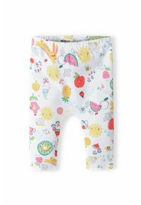 Fehér leggings színes gyümölcs-, virág- és aranyos állatmintával. Puha, rugalmas anyagból készült, derékban elasztikus bandázssal.