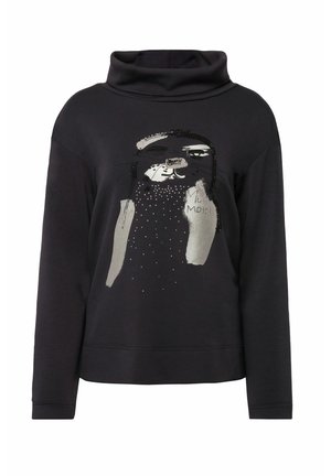 Zwarte sweatshirt met een kraag, voorzien van een metallic grafisch ontwerp en strassaccenten op de voorkant voor textuur en detail.