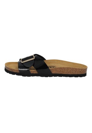 Sandale à glisser en patent noir avec semelle en liège, comportant une seule sangle et un détail de boucle métallique. Semelle texturée pour une meilleure adhérence.
