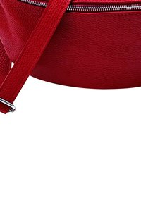 Sac bandoulière en cuir rouge avec une surface texturée, fermeture éclair argentée et bandoulière réglable. Forme arrondie avec un design minimaliste.