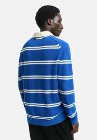 Blauw gestreepte trui met witte horizontale strepen, voorzien van een contrasterende witte kraag. Gebreide textuur, losse pasvorm, ribgebreide manchetten en zoom.