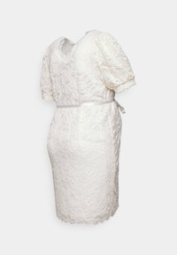 Bela čipkasta obleka z V-izrezom, kratkimi nabranimi rokavi, prilegajočim silhueto in satenastim pasom na veki. Teksturna cvetna vzorca po celotni obleki.