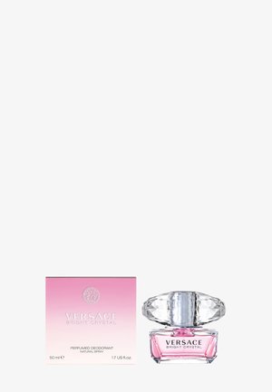 Versace Bright Crystal deodorant, 50 ml, in een heldere glazen fles met een diamantvormige dop, verpakt in een doos met een roze verloop.