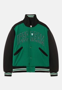 Giacca varsity verde e nera con colletto e polsini a costine, lettering ricamato "ICE CREAM" e tasche laterali.