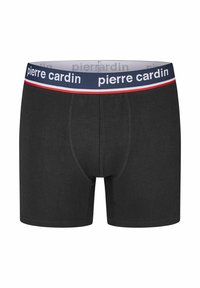 Zwarte katoenen boxershorts met een snug fit en een marineblauwe tailleband met rode en witte strepen en het "pierre cardin" logo. Zachte textuur.