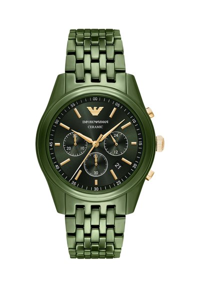 Green ceramic Emporio Armani wristwatch with black dial, gold-tone hands, three subdials, date window, and linked bracelet band.