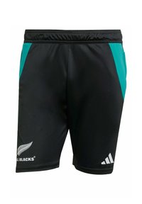 Black athletic shorts with teal side accents, elastic waistband, and white logos of All Blacks and Adidas on the lower legs. Smooth fabric.