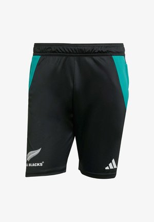Pantalones cortos deportivos negros con acentos laterales en color azul verdoso, cinturilla elástica y logotipos en blanco de All Blacks y Adidas en la parte baja de las piernas. Tejido suave.