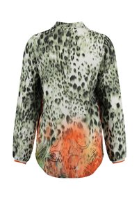 Blusa a maniche lunghe in tessuto leggero, con un motivo a pois verde e nero e una sfumatura arancione e crema all'orlo.
