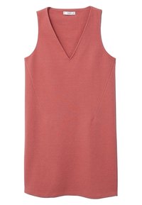 Robe sans manches à col en V en tissu texturé rose poussiéreux. Coupe droite avec détails cousus sur les côtés et ourlet au niveau du milieu de la cuisse.